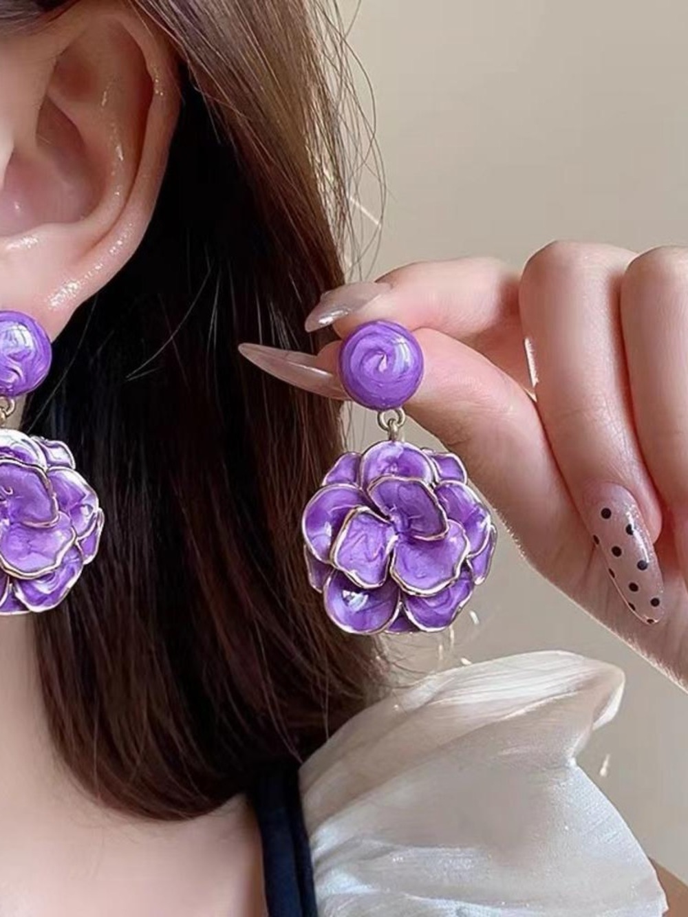Elegant Purple Enamel Floral Drop Earrings - Women Jewelry